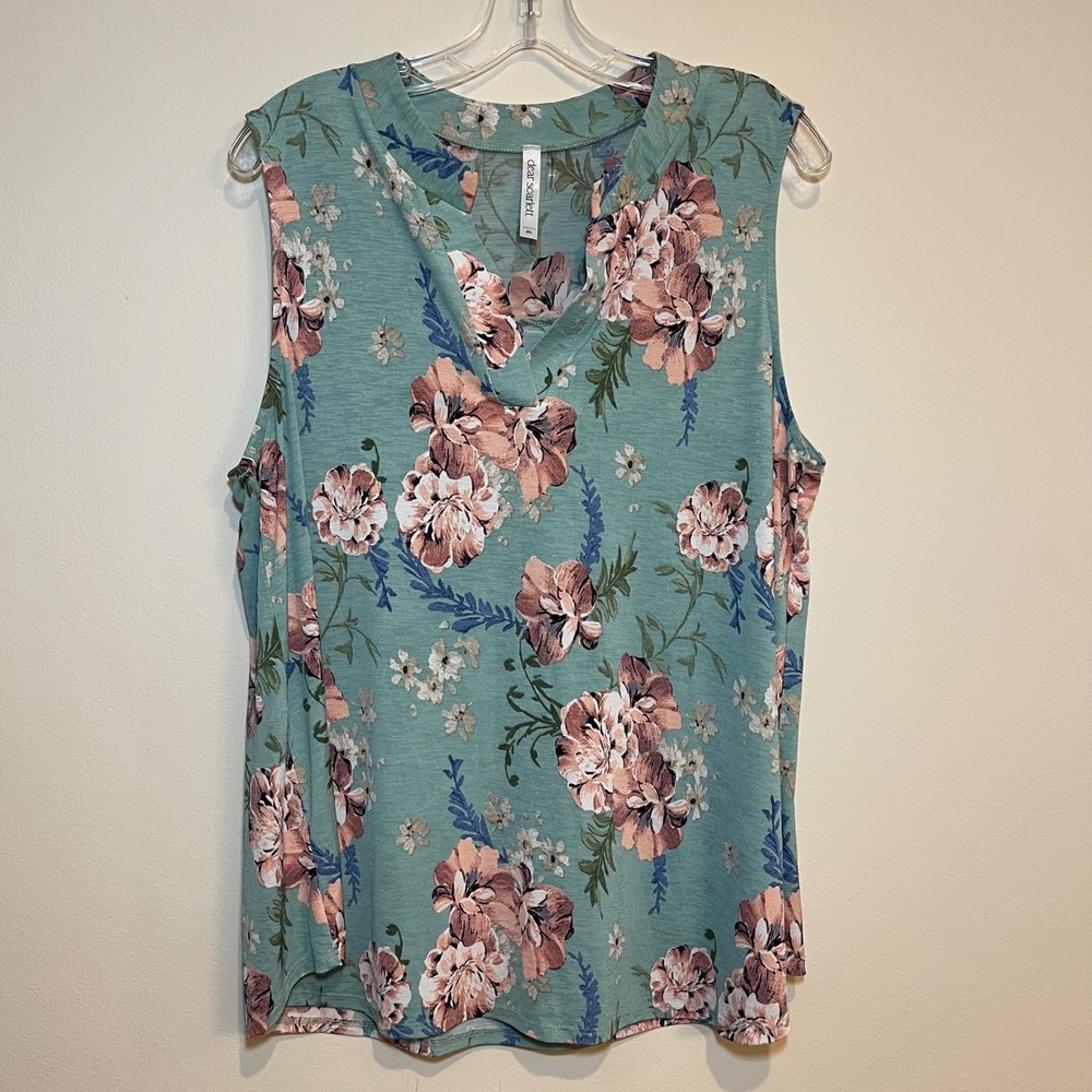Dear Scarlett Top Shirt Blouse V Neck Sleeveless Tank Multicolor Floral  XL
